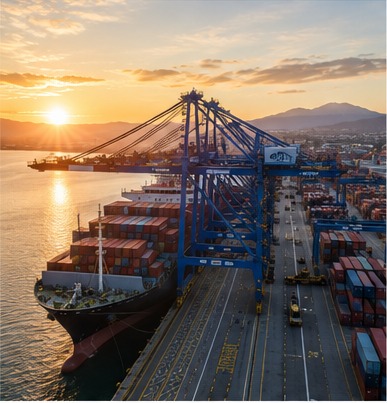 Terminal portuaria de contenedores CPAS al atardecer